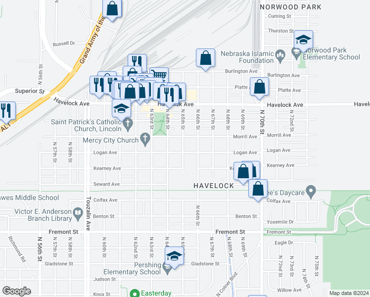 map of restaurants, bars, coffee shops, grocery stores, and more near 6502 Logan Avenue in Lincoln