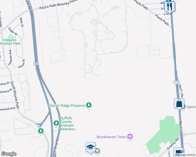 map of restaurants, bars, coffee shops, grocery stores, and more near 906 Skyline Drive in Coram