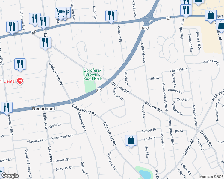 map of restaurants, bars, coffee shops, grocery stores, and more near 37 Galahad Lane in Nesconset