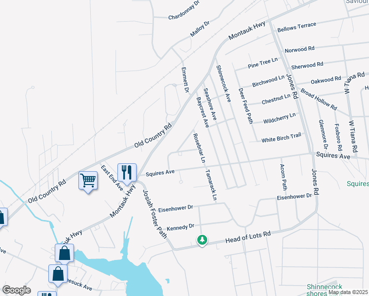 map of restaurants, bars, coffee shops, grocery stores, and more near 6 Evergreen Court in East Quogue