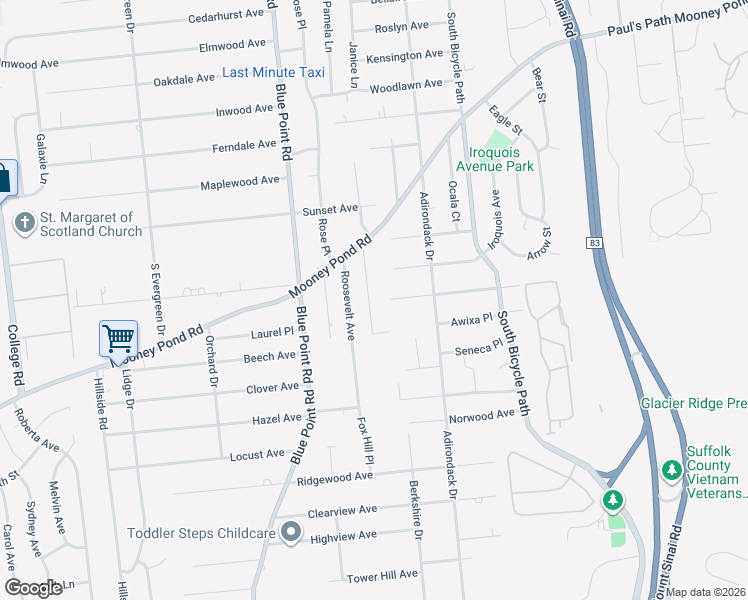 map of restaurants, bars, coffee shops, grocery stores, and more near 25 Cleveland Avenue in Selden