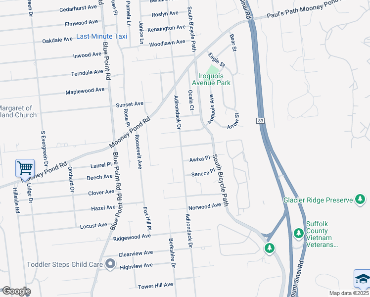 map of restaurants, bars, coffee shops, grocery stores, and more near 24 Oneida Avenue in Selden