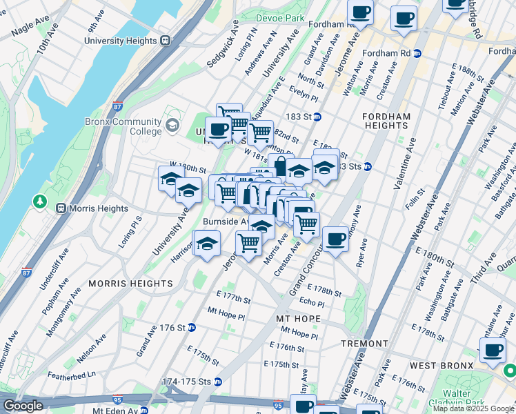 map of restaurants, bars, coffee shops, grocery stores, and more near 2047-1995 Jerome Avenue in The Bronx