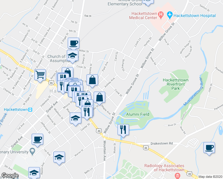 map of restaurants, bars, coffee shops, grocery stores, and more near 311 Cook Street in Hackettstown