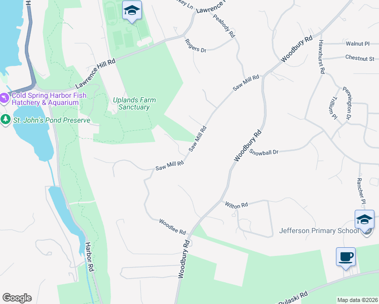 map of restaurants, bars, coffee shops, grocery stores, and more near 61 Saw Mill Road in Cold Spring Harbor