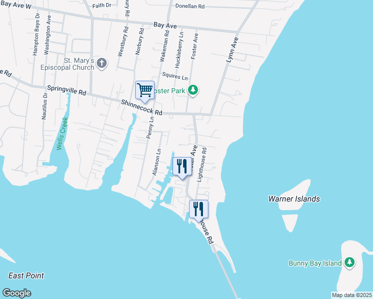 map of restaurants, bars, coffee shops, grocery stores, and more near 66 Foster Avenue in Hampton Bays