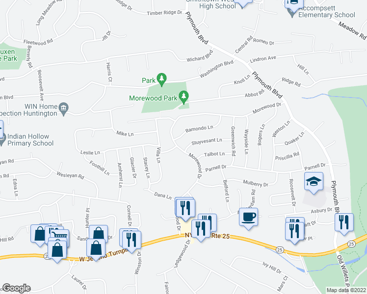 map of restaurants, bars, coffee shops, grocery stores, and more near 49 Morewood Drive in Smithtown