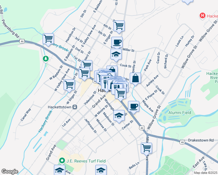map of restaurants, bars, coffee shops, grocery stores, and more near in Hackettstown