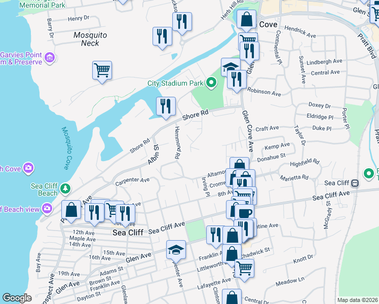 map of restaurants, bars, coffee shops, grocery stores, and more near 53 Putnam Avenue in Glen Cove