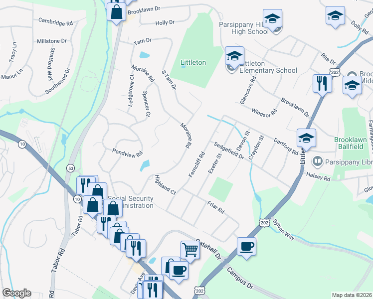 map of restaurants, bars, coffee shops, grocery stores, and more near 38 Moraine Road in Morris Plains