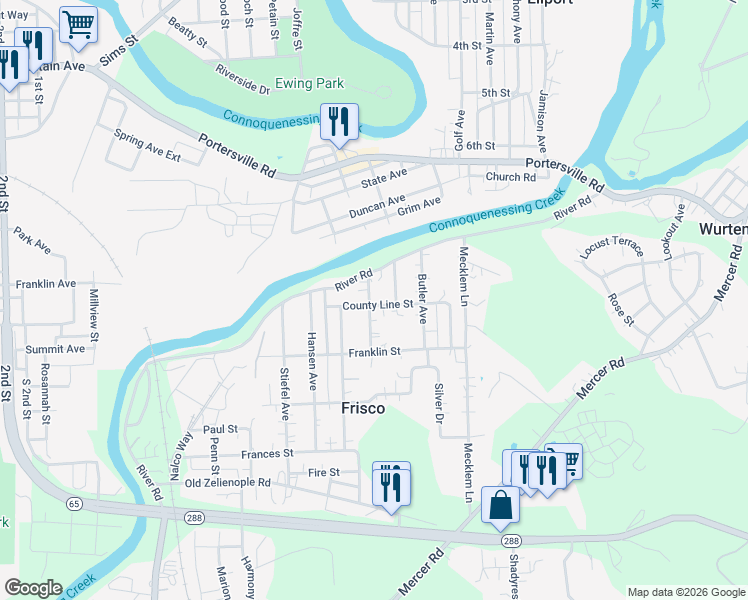 map of restaurants, bars, coffee shops, grocery stores, and more near 297 Knox Avenue in Ellwood City