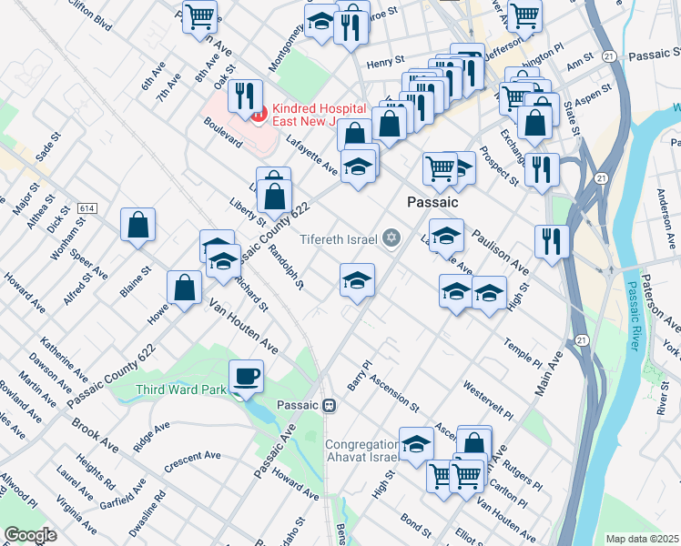 map of restaurants, bars, coffee shops, grocery stores, and more near 291 Aycrigg Avenue in Passaic