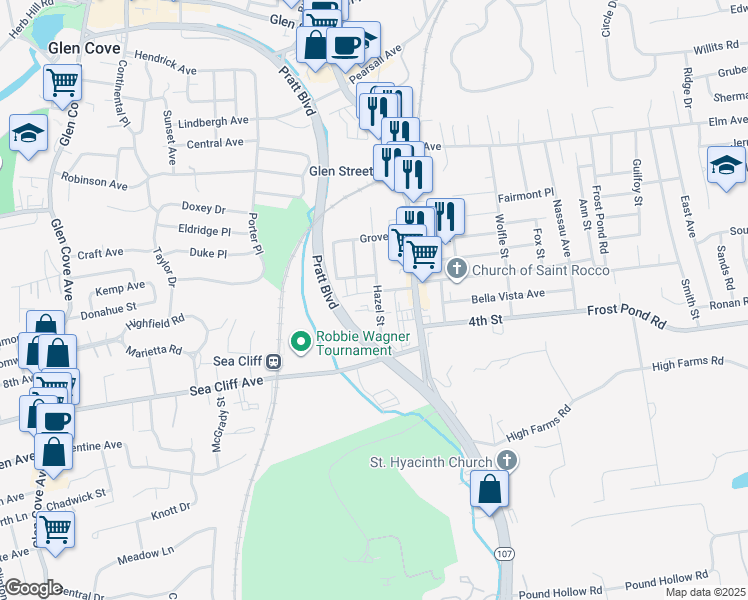 map of restaurants, bars, coffee shops, grocery stores, and more near 76 Hazel Street in Glen Cove