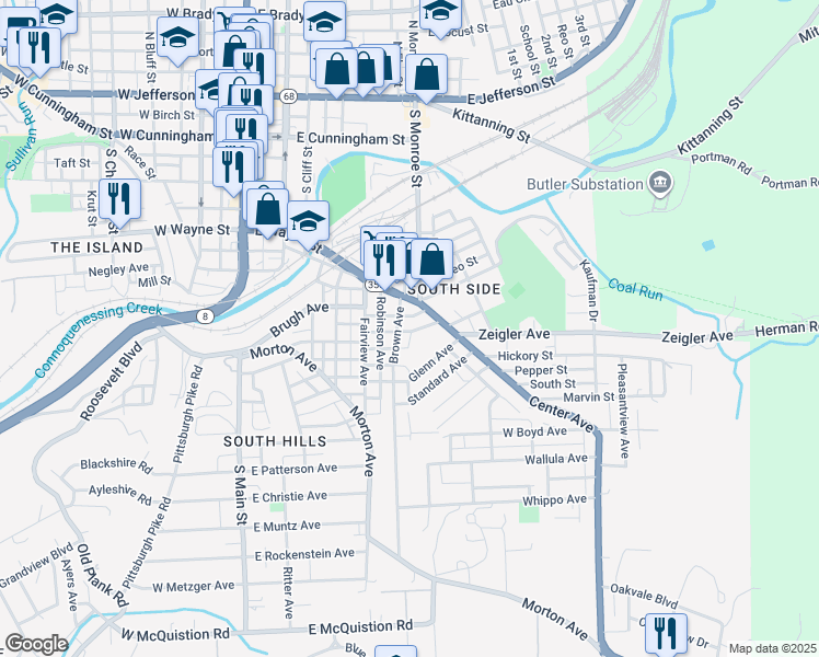 map of restaurants, bars, coffee shops, grocery stores, and more near 359 Michael Avenue in Butler