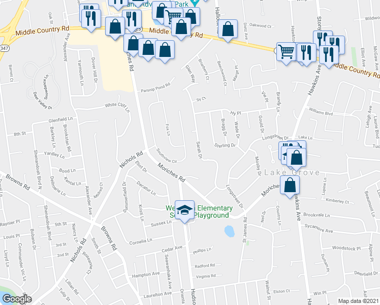 map of restaurants, bars, coffee shops, grocery stores, and more near 36 Southview Circle in Lake Grove