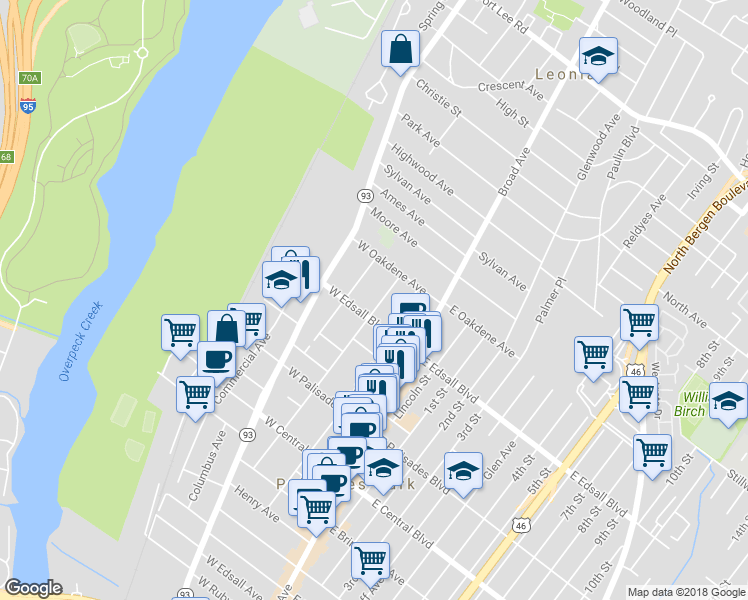 map of restaurants, bars, coffee shops, grocery stores, and more near 515 Hillside Avenue in Palisades Park