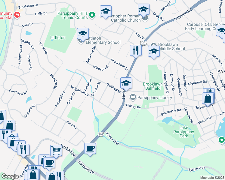 map of restaurants, bars, coffee shops, grocery stores, and more near 1 Abingdon Street in Morris Plains