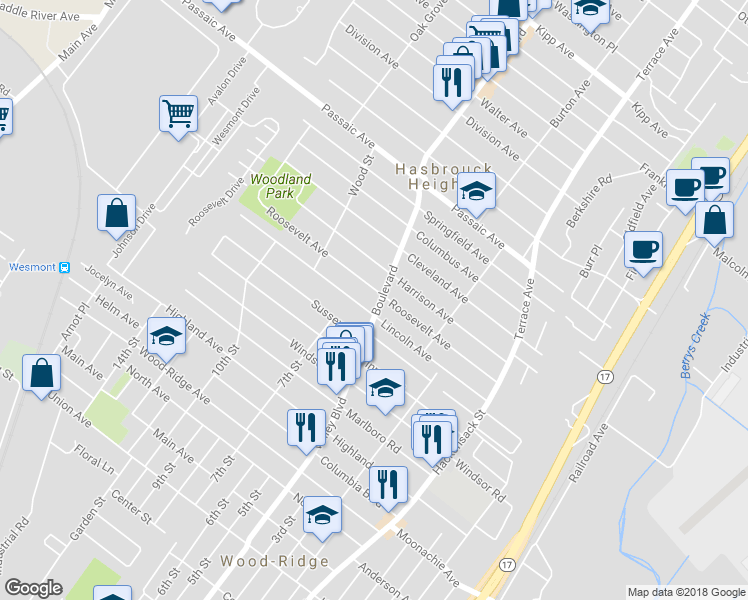 map of restaurants, bars, coffee shops, grocery stores, and more near 15 Boulevard in Hasbrouck Heights