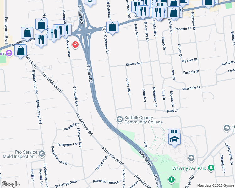 map of restaurants, bars, coffee shops, grocery stores, and more near 73 South Coleman Road in Centereach