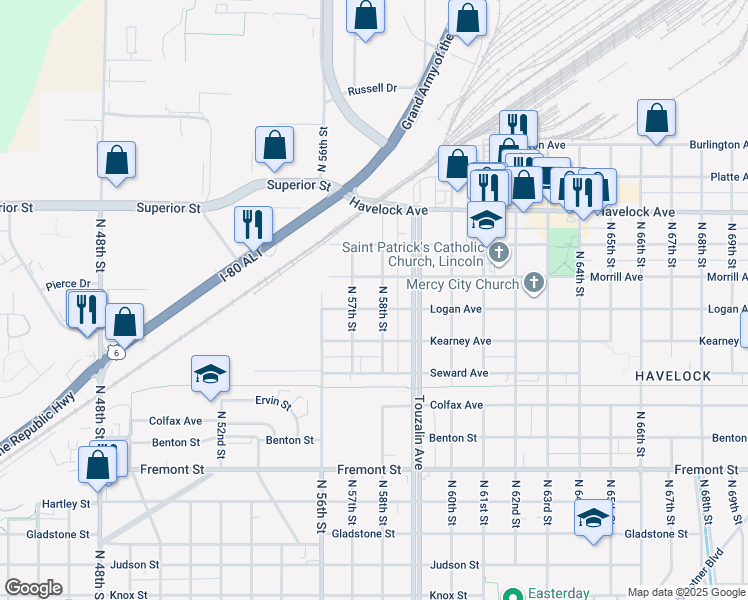 map of restaurants, bars, coffee shops, grocery stores, and more near 5736 Logan Ave in Lincoln