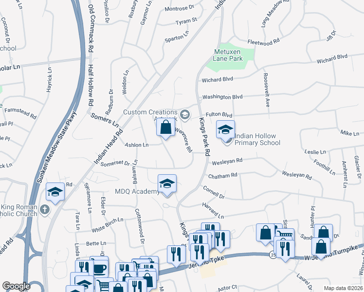 map of restaurants, bars, coffee shops, grocery stores, and more near 12 Wenmore Road in Commack