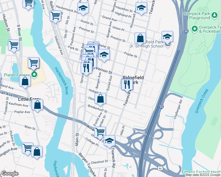 map of restaurants, bars, coffee shops, grocery stores, and more near 133 Euclid Avenue in Ridgefield Park