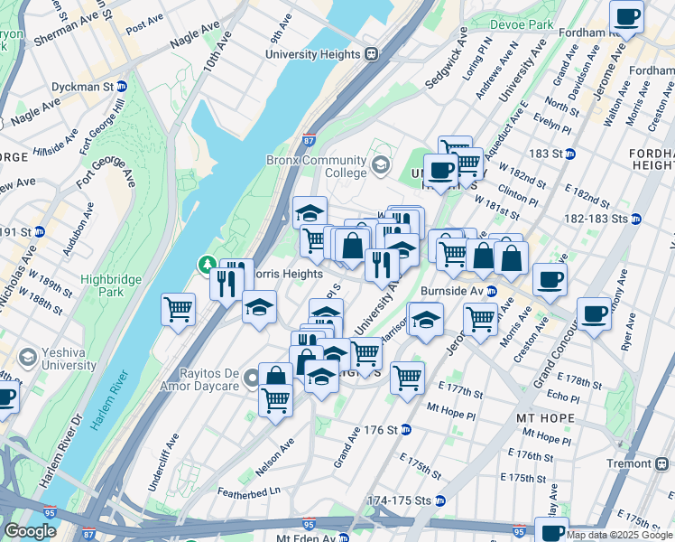 map of restaurants, bars, coffee shops, grocery stores, and more near 179 West Burnside Avenue in The Bronx