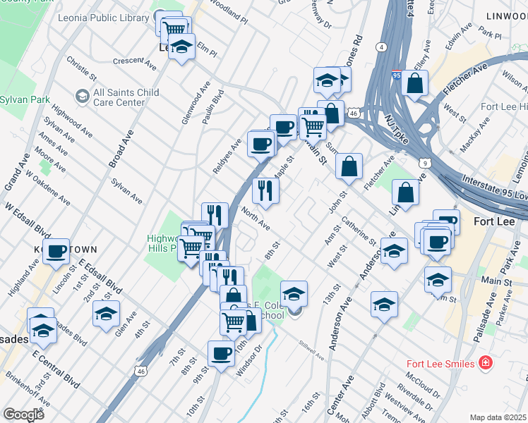 map of restaurants, bars, coffee shops, grocery stores, and more near in Fort Lee