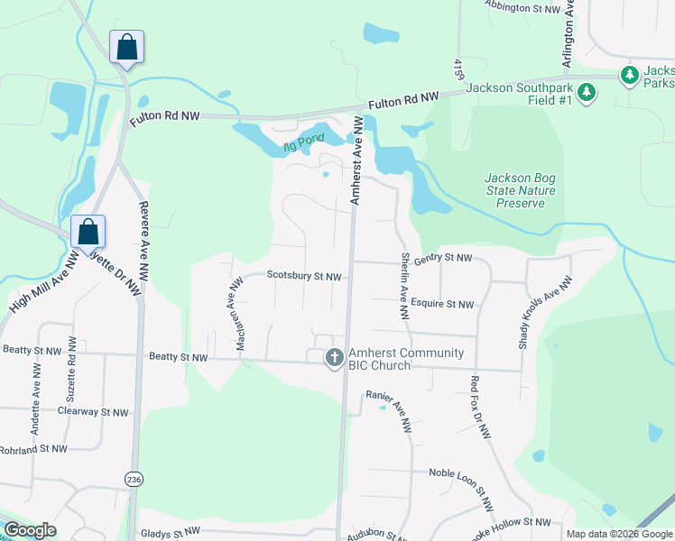 map of restaurants, bars, coffee shops, grocery stores, and more near 8663 Scotsbury Street Northwest in Massillon