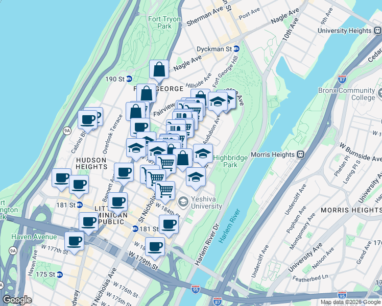 map of restaurants, bars, coffee shops, grocery stores, and more near 561 West 189th Street in New York