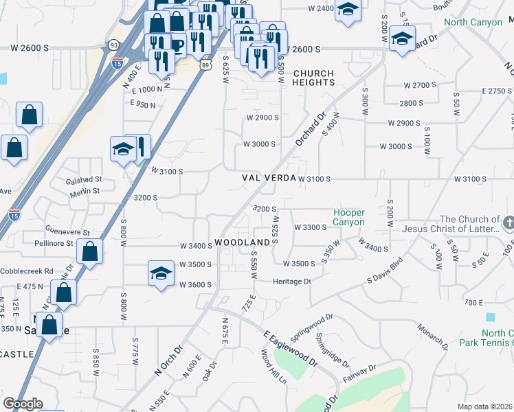 map of restaurants, bars, coffee shops, grocery stores, and more near 562 3200 South in Bountiful