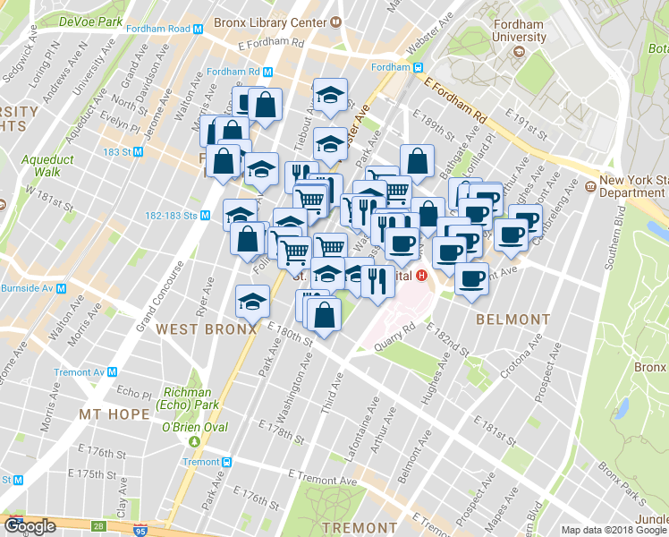 map of restaurants, bars, coffee shops, grocery stores, and more near 2185 Washington Avenue in Bronx