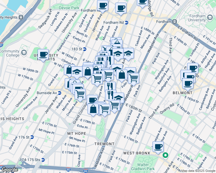 map of restaurants, bars, coffee shops, grocery stores, and more near 2115 Ryer Avenue in Bronx