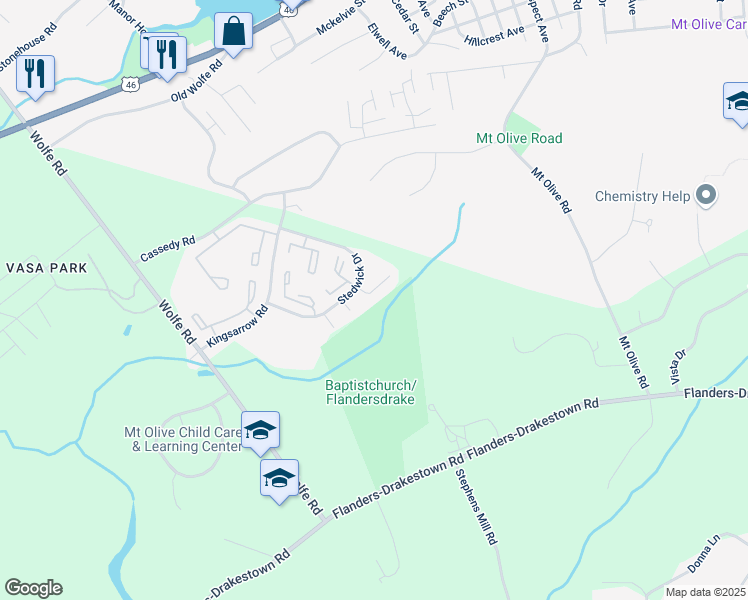 map of restaurants, bars, coffee shops, grocery stores, and more near 110 Stedwick Drive in Mount Olive