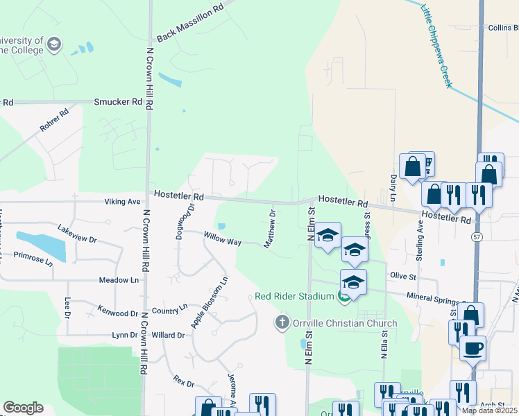 map of restaurants, bars, coffee shops, grocery stores, and more near 1012 Hostetler Road in Orrville