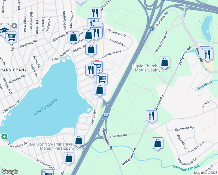 map of restaurants, bars, coffee shops, grocery stores, and more near 388 Parsippany Road in Parsippany-Troy Hills