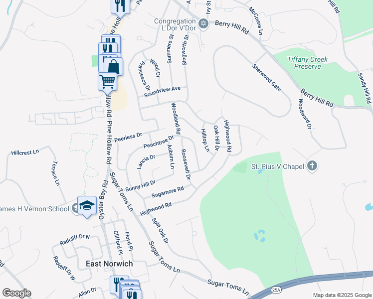 map of restaurants, bars, coffee shops, grocery stores, and more near 31 Roosevelt Drive in East Norwich