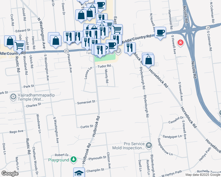 map of restaurants, bars, coffee shops, grocery stores, and more near 125 Sanford Road in Centereach