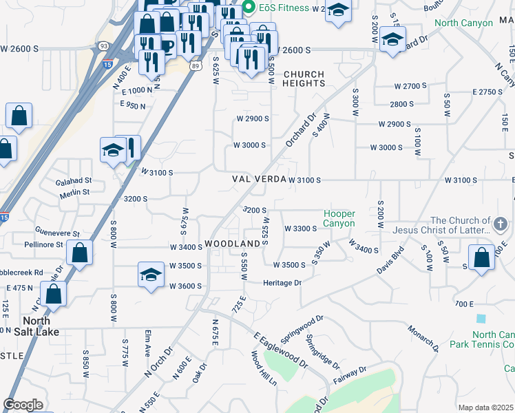 map of restaurants, bars, coffee shops, grocery stores, and more near 3222 South 525 West in Bountiful