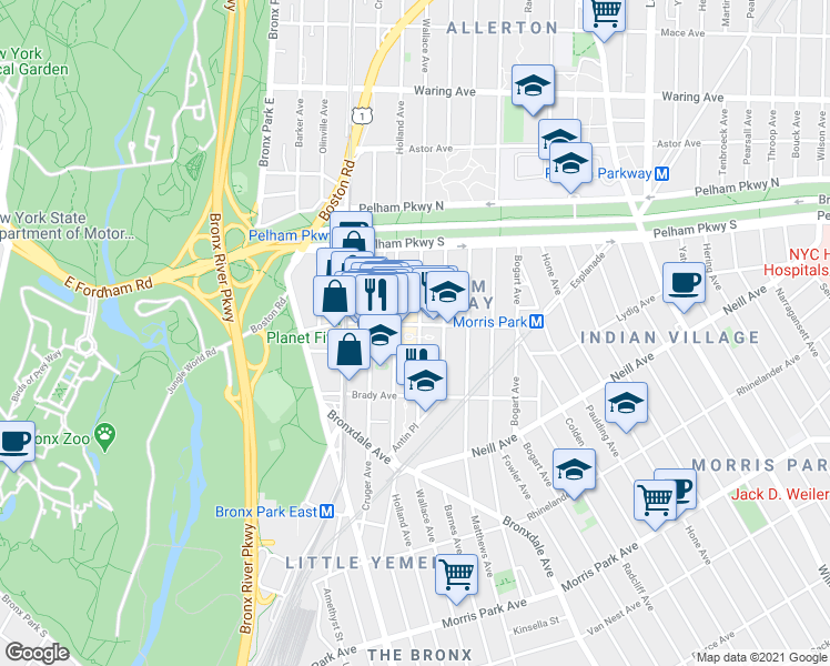 map of restaurants, bars, coffee shops, grocery stores, and more near 2132 Wallace Avenue in The Bronx