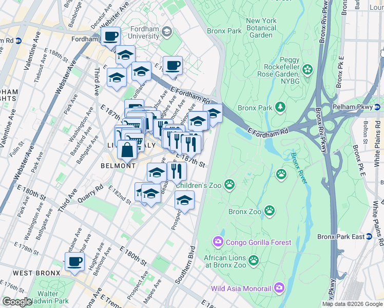 map of restaurants, bars, coffee shops, grocery stores, and more near in The Bronx