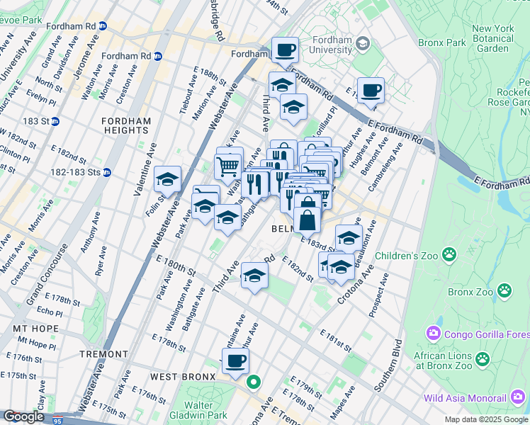 map of restaurants, bars, coffee shops, grocery stores, and more near in The Bronx