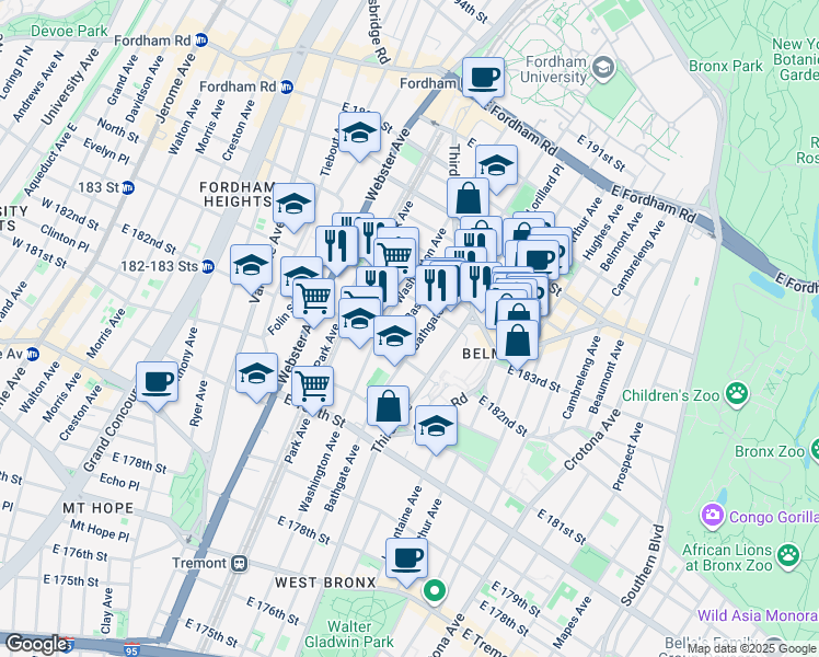 map of restaurants, bars, coffee shops, grocery stores, and more near 2248 Bassford Avenue in The Bronx