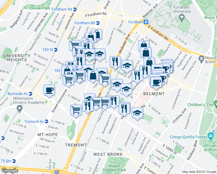 map of restaurants, bars, coffee shops, grocery stores, and more near 4455 Park Avenue in Bronx