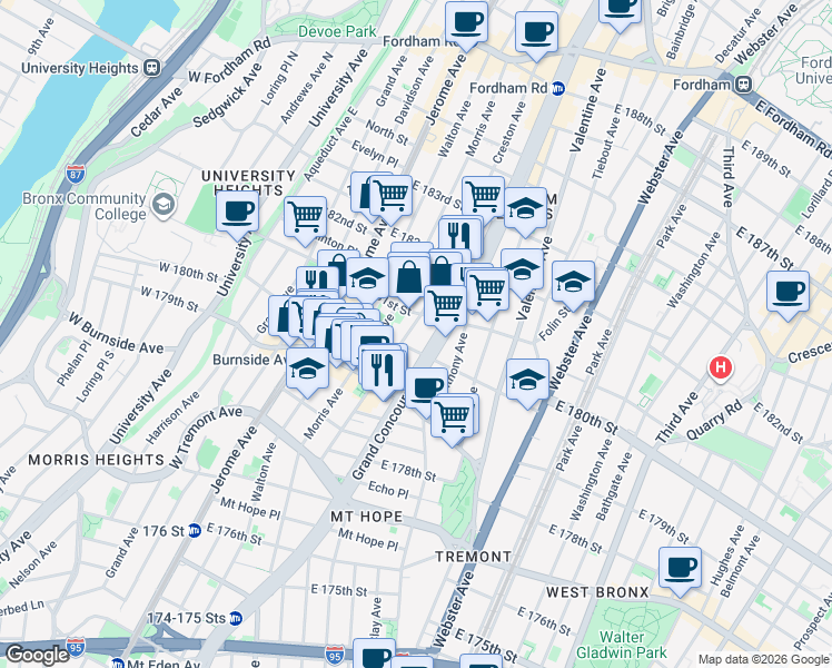 map of restaurants, bars, coffee shops, grocery stores, and more near 2086 Creston Avenue in Bronx