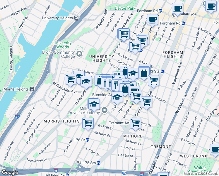 map of restaurants, bars, coffee shops, grocery stores, and more near 2047-1995 Jerome Avenue in The Bronx