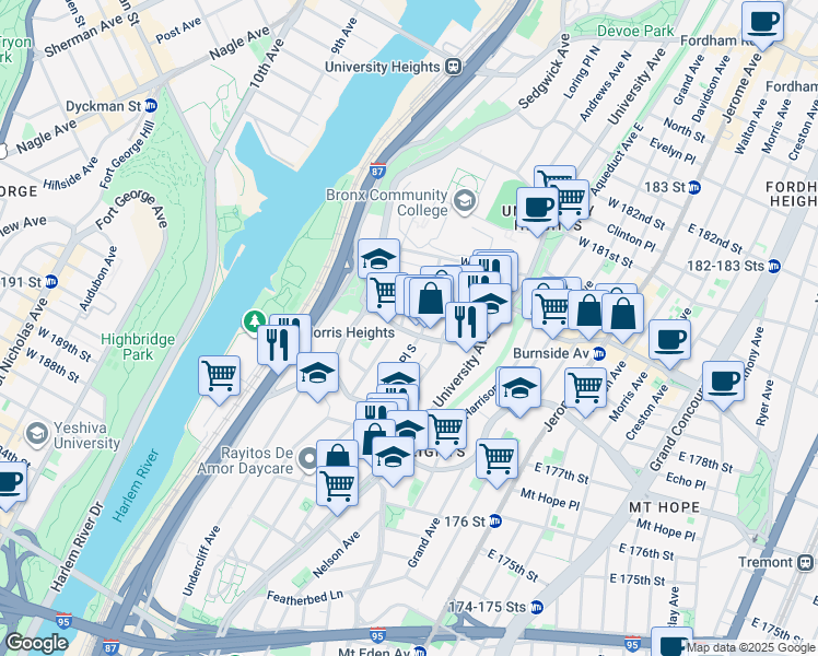 map of restaurants, bars, coffee shops, grocery stores, and more near 179 West Burnside Avenue in The Bronx