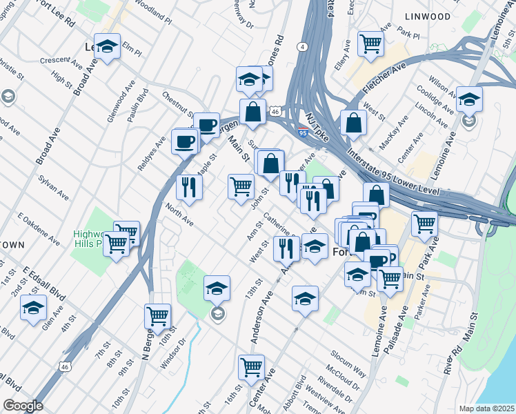 map of restaurants, bars, coffee shops, grocery stores, and more near 1614 John Street in Fort Lee