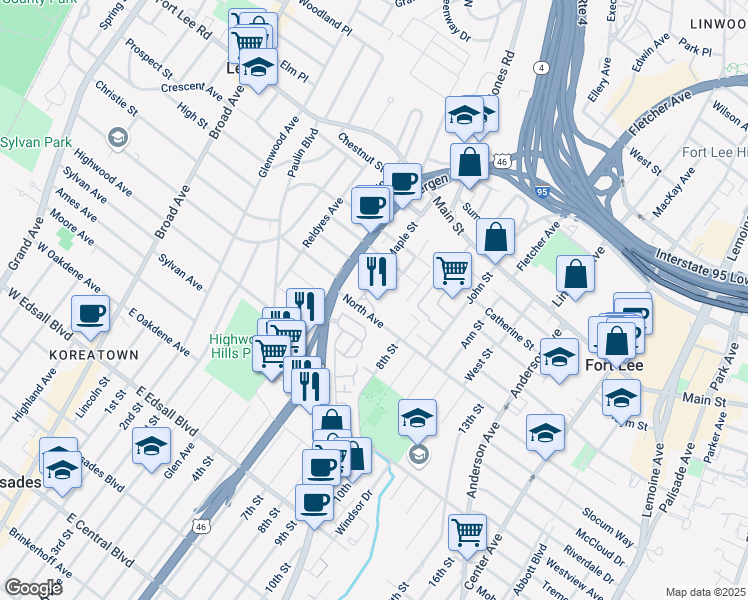 map of restaurants, bars, coffee shops, grocery stores, and more near in Fort Lee