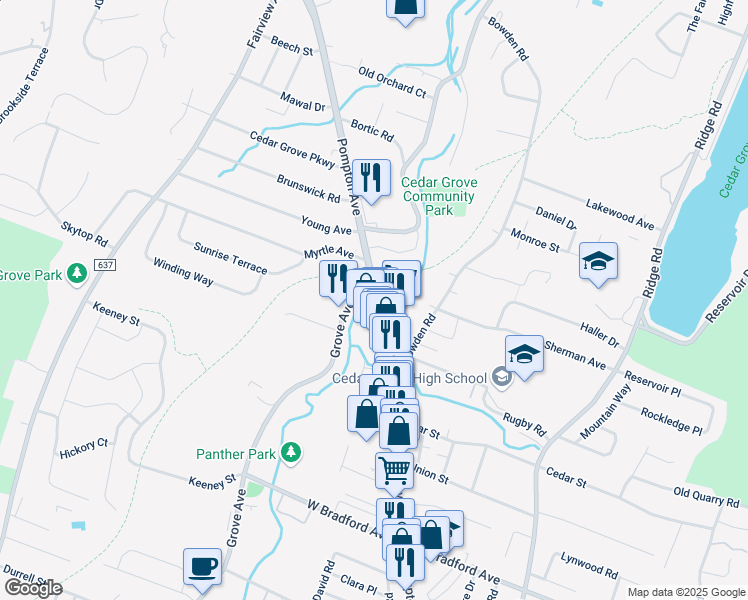 map of restaurants, bars, coffee shops, grocery stores, and more near 303 Grove Avenue in Cedar Grove